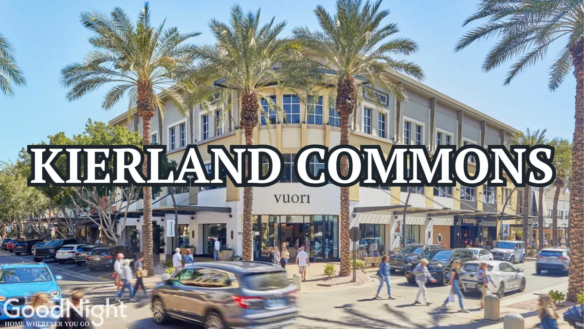 This vibrant street scene captures palm trees, modern storefronts, and pedestrians strolling among shops and restaurants. The storefronts and outdoor seating areas reflect the area's upscale retail and dining options, with a lively atmosphere that mirrors the energy of Scottsdale’s premier shopping and dining districts.