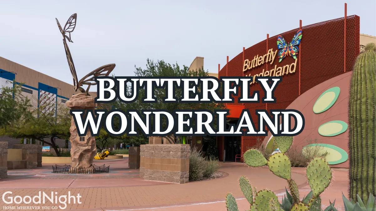 An exterior shot of the Butterfly Wonderland entrance, featuring whimsical sculptures and vibrant landscaping. The inviting scene hints at the exciting local attractions available nearby for families to explore together.